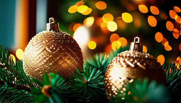 Sparkling ornament golden balls in vibrant hang from a lush spruce tree branch. Soft, warm lights twinkle enhancing festive spirit of Christmas. Happy New Year. Anamorphic bokeh. Generative AI.