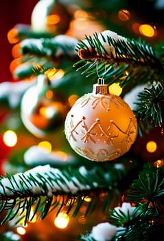 Sparkling ornament golden balls in vibrant hang from a lush spruce tree branch. Soft, warm lights twinkle enhancing festive spirit of Christmas. Happy New Year. Anamorphic bokeh. Generative AI.