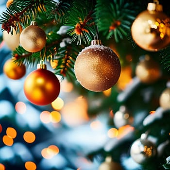 Sparkling ornament golden balls in vibrant hang from a lush spruce tree branch. Soft, warm lights twinkle enhancing festive spirit of Christmas. Happy New Year. Anamorphic bokeh. Generative AI.