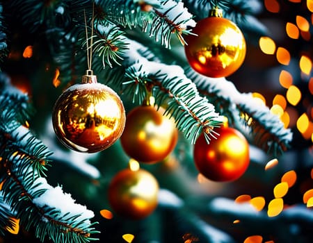Sparkling ornament golden balls in vibrant hang from a lush spruce tree branch. Soft, warm lights twinkle enhancing festive spirit of Christmas. Happy New Year. Anamorphic bokeh. Generative AI.