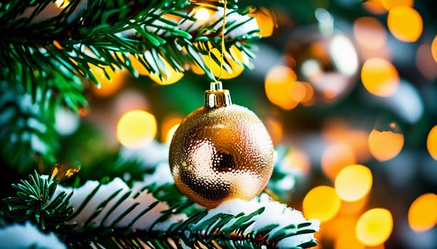 Sparkling ornament golden balls in vibrant hang from a lush spruce tree branch. Soft, warm lights twinkle enhancing festive spirit of Christmas. Happy New Year. Anamorphic bokeh. Generative AI.