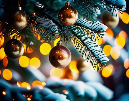 Sparkling ornament golden balls in vibrant hang from a lush spruce tree branch. Soft, warm lights twinkle enhancing festive spirit of Christmas. Happy New Year. Anamorphic bokeh. Generative AI.