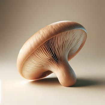 A close-up of a single mushroom with a light brown cap and gills. The mushroom is isolated on a beige background. A high-quality AI-generated photo.