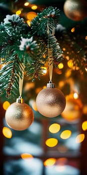 Sparkling ornament golden balls in vibrant hang from a lush spruce tree branch. Soft, warm lights twinkle enhancing festive spirit of Christmas. Happy New Year. Anamorphic bokeh. Generative AI.