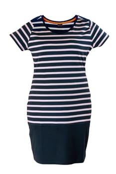 Fashionable summer clothes isolated. Elegant trendy black and white striped womans dress in marine style on mannequin. Clipping path. Summer fashion.