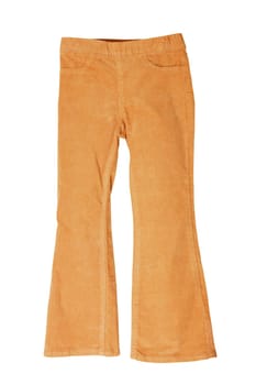 Women casual pants. Womans yellow jeans, corduroy trousers or jersey sweatpants isolated on a white background. Clipping path. Jogging outfit for workout.