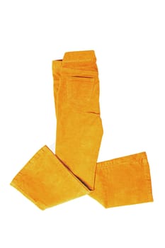 Women casual pants. Womans yellow jeans, corduroy trousers or jersey sweatpants isolated on a white background. Clipping path. Jogging outfit for workout.