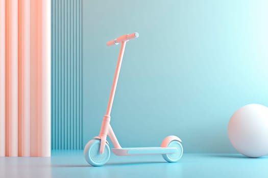 Eco-friendly kick scooter in empty modern room. Sustainable ecological city vehicle, kickscooter. AI generated