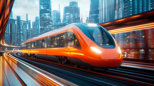 High-speed futuristic orange train moving at the modern city. Modern railway transportation concept with blurred motion effect. Commercial transport. AI generated