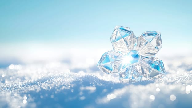 Close-up image of crystal clear snowflake, winter holiday background. AI generated