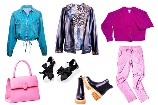 Collage set of woman spring summer clothes isolated. Female girls clothing collection. Women fashion outfit. Jeans, sneaker, jumper, jacket, accessories wear.