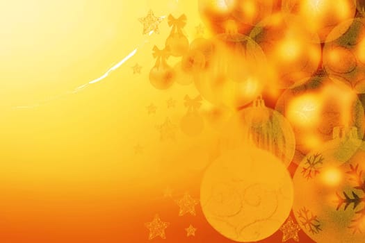 Merry Christmas and Happy New Year card gold background texture design with abstract bokeh lighted xmas stars and balls. Copy space.