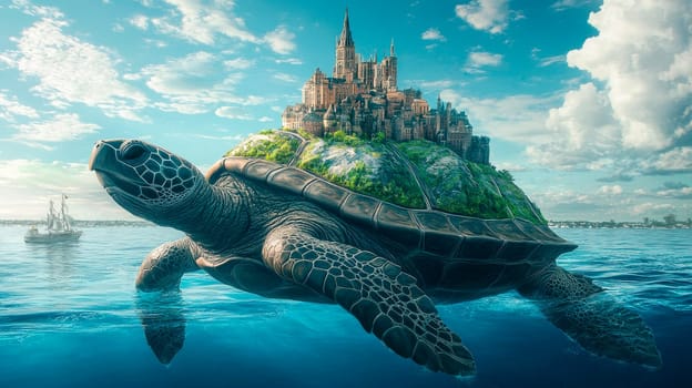 Turtle floating in the water with castle on top . AI generated