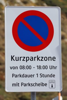 Traffic sign "Kurzparkzone"" on the Arlberg Pass in St. Christoph"