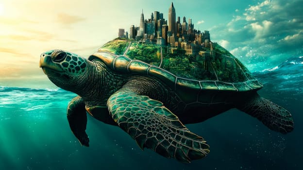 A big turtle carrying a city on its back . AI generated