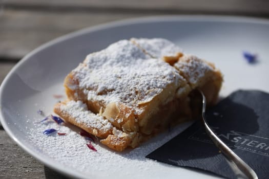 A South Tyrolean speciality: apple strudel in an alpine hut in the  Hiking paradise and holiday region South Tyrol /Alto Adige