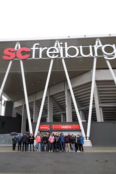 Referee excursion of the Neustadt Group 2024 with a stadium tour of the Europa Park Stadium of SC Freiburg followed by a tour of the city of Freiburg in the party car of the Freiburger Verkehrs AG
