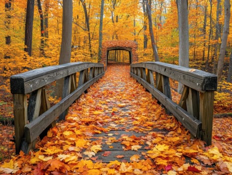 Red wooden bridge, autumn maple leaves. AI generative.