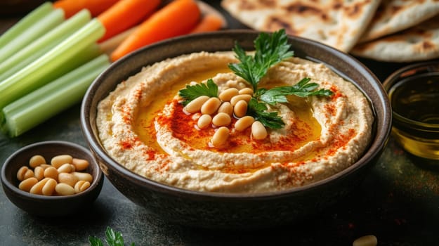 roasted garlic hummus served in bowl topped with paprika, flat parsely and roasted pine . AI generative.