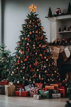 A large Christmas tree with colorful ornaments and lights stands in a cozy living room filled with wrapped gifts underneath.