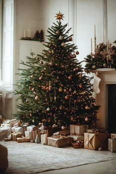 The festive atmosphere features a decorated Christmas tree surrounded by numerous wrapped gifts in a warmly lit living room.