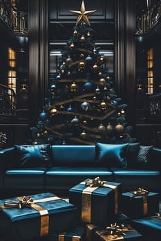 A beautifully adorned Christmas tree shines in a stylish living room, surrounded by wrapped gifts awaiting the holiday celebrations.