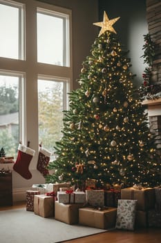 The warm glow of a Christmas tree illuminated by lights, surrounded by wrapped gifts in a festive living room.