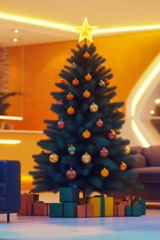 The vibrant Christmas tree, adorned with colorful ornaments, stands proudly surrounded by neatly wrapped gifts in a cozy living space.