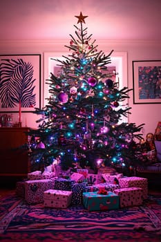 A beautifully decorated Christmas tree with vibrant lights and ornaments stands surrounded by wrapped gifts in a warm living room.