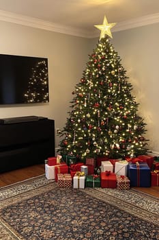 A beautifully adorned Christmas tree stands in a cozy living room, surrounded by colorful wrapped gifts, creating a festive atmosphere.