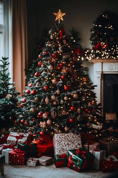 The room has a bright Christmas tree with ornaments, twinkling lights, and colorful gifts, creating a festive vibe.