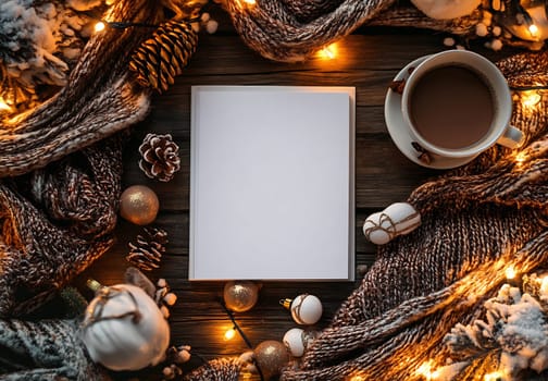 A warm winter atmosphere features a coffee cup beside a blank notebook, surrounded by holiday decorations and fairy lights.