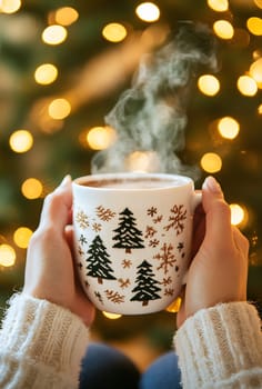A person holds a steaming mug decorated with winter trees while surrounded by twinkling holiday lights in a warm atmosphere.