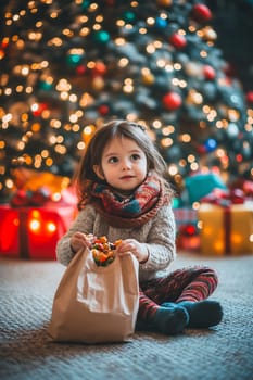 A child enjoys the festive atmosphere, holding a bag filled with treats while sitting on a cozy carpet near a decorated Christmas tree.