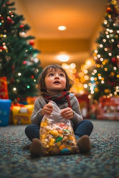 A young child in a cozy sweater sits on the carpet, gazing upwards with joy while clutching a bag filled with colorful holiday treats.