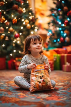A delighted child sits cross-legged on a patterned rug, clutching a bag of treats, surrounded by twinkling Christmas trees and presents.
