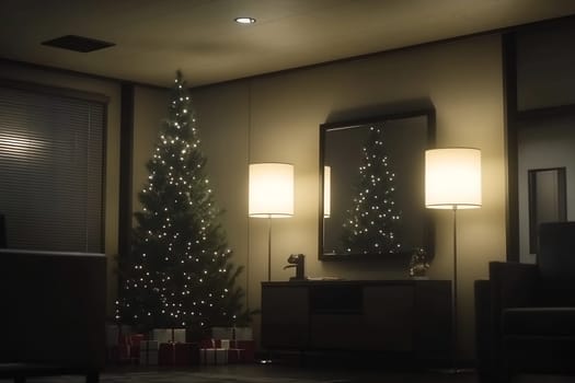 The living room features a beautifully lit Christmas tree surrounded by wrapped gifts, evoking a warm holiday atmosphere.