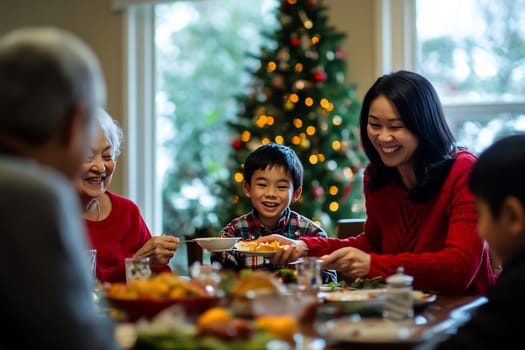 A cheerful family enjoys a Christmas meal together, sharing laughter and food in a warm, decorated setting.