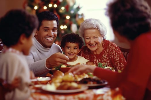 A joyful family shares laughter and a delightful holiday meal, surrounded by festive decorations in a cozy setting.