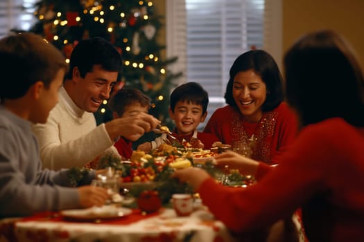 Family members enjoy a festive Christmas meal together, sharing laughter and delicious food in a warm, inviting atmosphere.