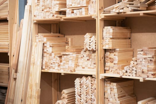 Furniture factory workshop with different wood items.