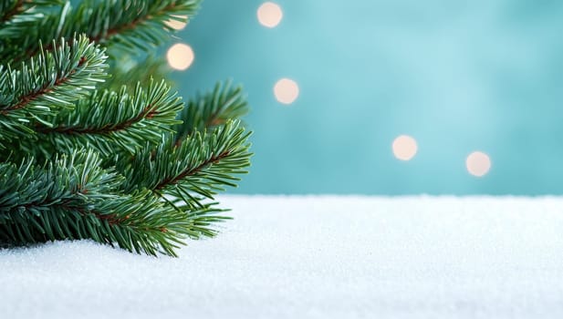 Christmas tree branch on snow with festive bokeh lights. Winter holidays background with copy space.