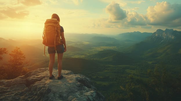 Woman hiker with backpack enjoying sunset from mountain top. Concept of adventure, travel, and freedom