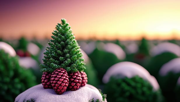Christmas tree with pine cones on snow at sunset, Christmas background