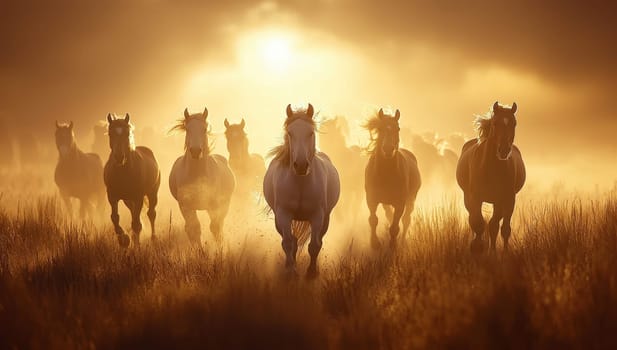 Wild Horses Running in Sunset, Freedom and Power