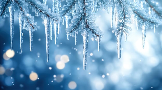 Sparkling Icicles on Pine Branches,  A Winter Wonderland Scene