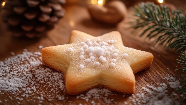 Christmas Star Cookie on Wooden Table with Festive Decorations