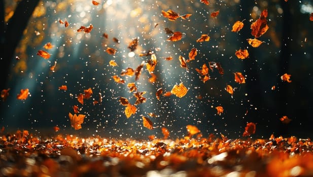 Falling Autumn Leaves in Sunlit Forest