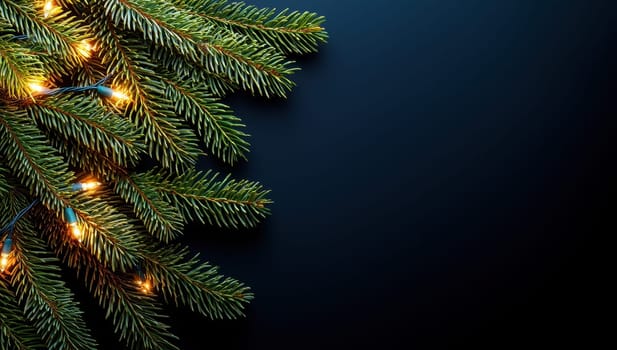 Christmas background with fir branches and string lights on dark blue, copy space