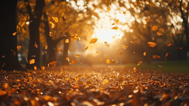 Golden Autumn Leaves Falling in Sunset Light, A Scenic Landscape